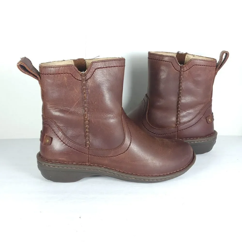 UGG Women's Neevah US6 Brown Leather Sheepskin Lined Side Zip Ankle Boots Bootie